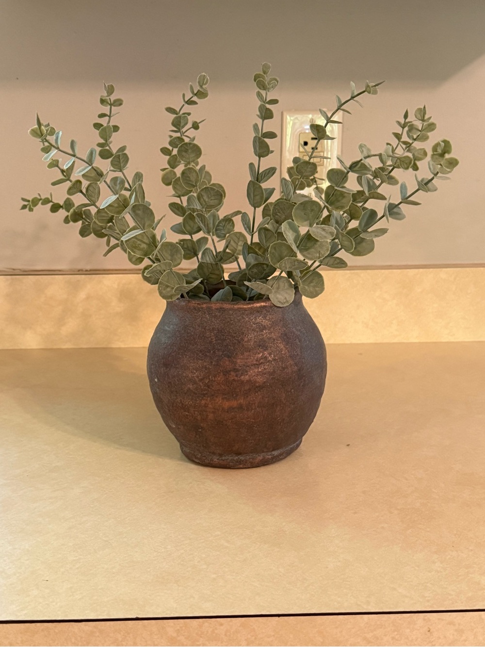 Rustic Brown Ceramic Vase with Green Eucalyptus Stems